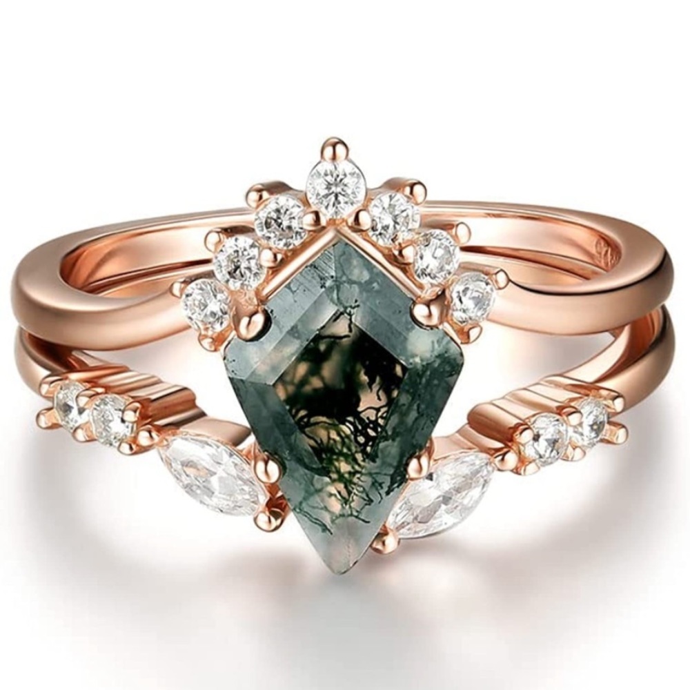 14k Rose Gold Vintage Kite Moss Agate Diamond Engagement Wedding Rings
